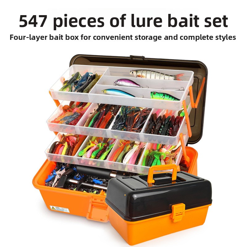 Fishing Lure Accessories - 大型4層構造の屋外用ソフトルアー、鉛製ヘッドフック、547個収納可能なオレンジ色のアクセサリー付き収納ボックス